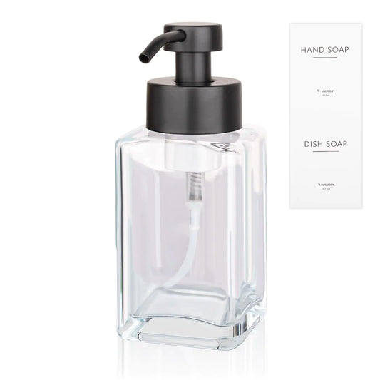 Foaming Soap Dispenser with Stainless Steel Pump 12oz Refillable Glass Liquid Dish Soap Bottles for Bathroom Kitchen Sink Home Decor