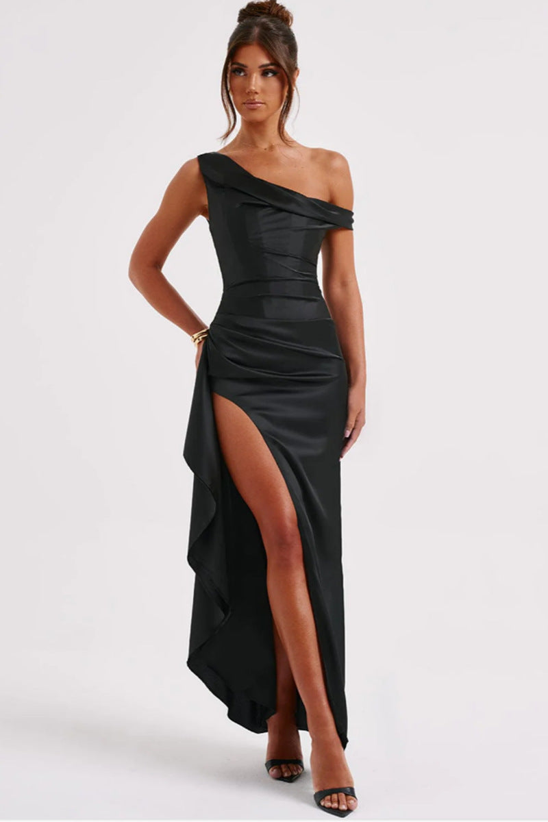Women's Slant Shoulder Satin Waist Dress