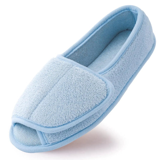 Git-up Diabetic Slippers for Women Memory Foam Arthritis Edema Adjustable Open Toe Swollen Feet Slippers Bedroom House Indoor Outdoor Shoes with Rubber Sole US-9 BLUE